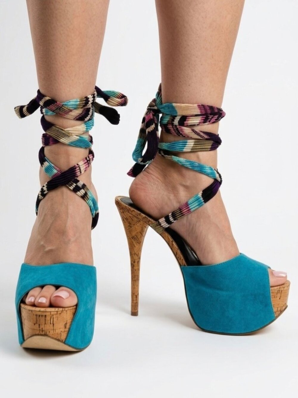 Scene x ShoeDazzle Lace-Up Teal Vegan Peep Toe Platform Stiletto Heels 9.5 Y2K